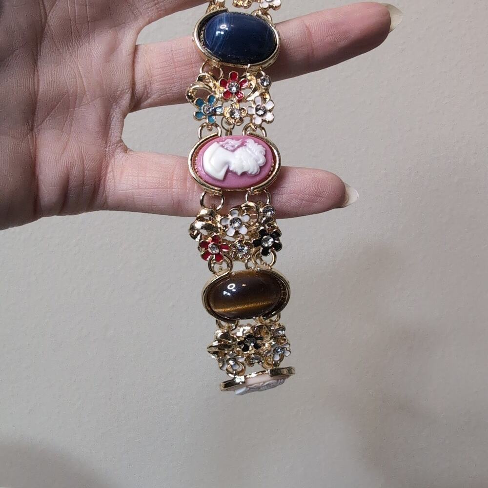 Gold Tone Cameo and Gemstone Choker Necklace Victorian - Picture 3 of 4